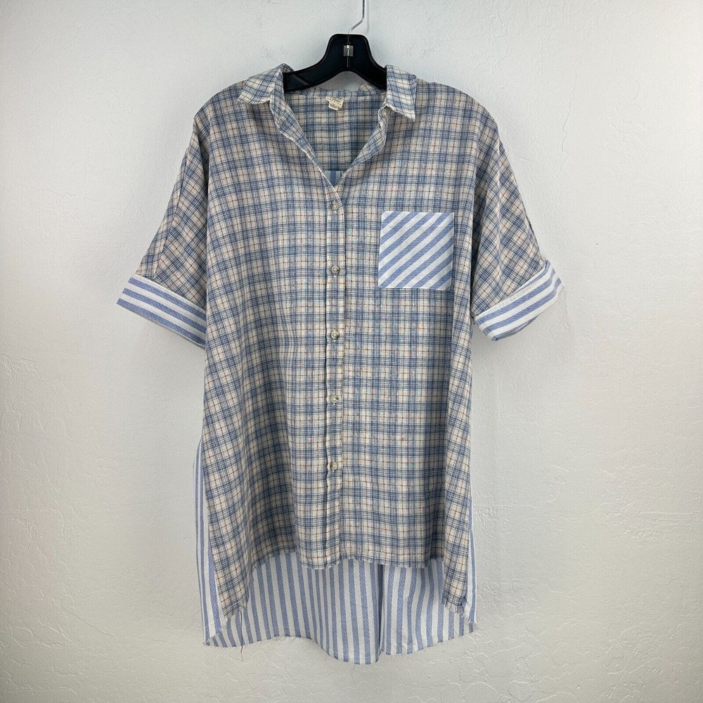 I Joah Premium Shirt‎ Womens S Blue Cream Plaid Button Up Short Sleeve High Low